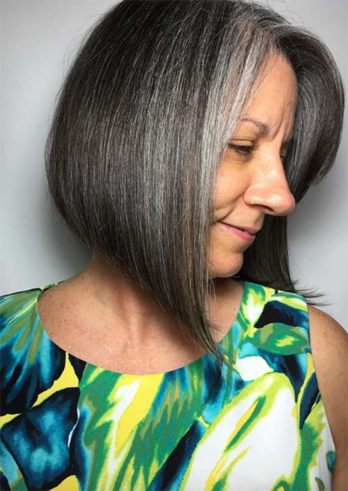 Haircuts & Hairstyles for Women Over 50: Angled Grey Cut