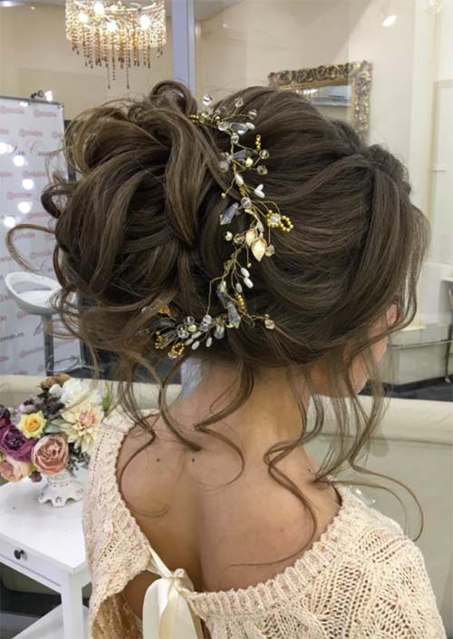 Bridal/ Wedding Updos Hairstyles: Woven High Bun with Loose Curls