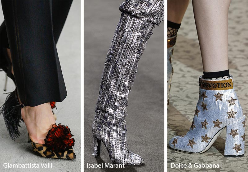 Fall/ Winter 2018-2019 Shoe Trends: Festive Shoes & Boots with Sequins, Feathers, Fringe and Tinsel