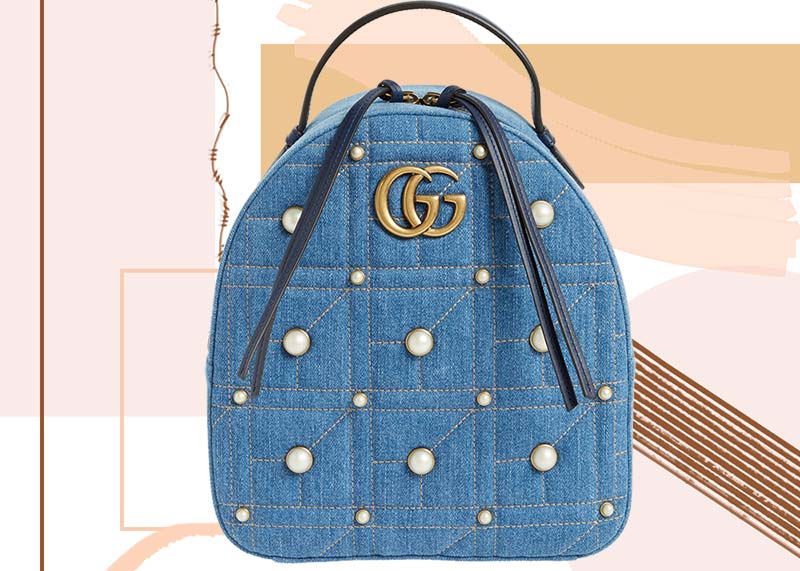 Best Designer Backpacks for Women: Gucci GG Marmont 2.0 Imitation Pearl Embellished Denim Backpack