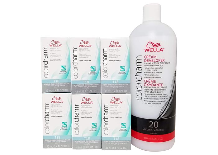 Platinum Blonde Hair Dye Kits: Wella T18 Toner with Color Charm 20 Volume Developer
