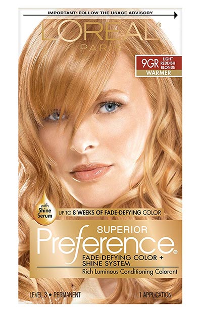 Strawberry Blonde Hair Dye Kits: L'Oréal Paris Superior Preference Fade-Defying + Shine Permanent Hair Color in 9GR Light Golden Reddish Blonde
