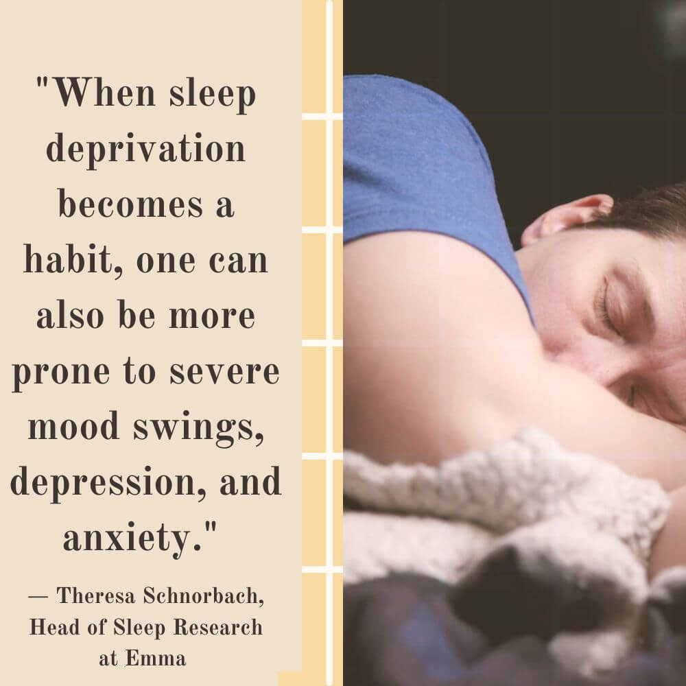 Quoted text about sleep deprivation next to a man sleeping in a blue shirt